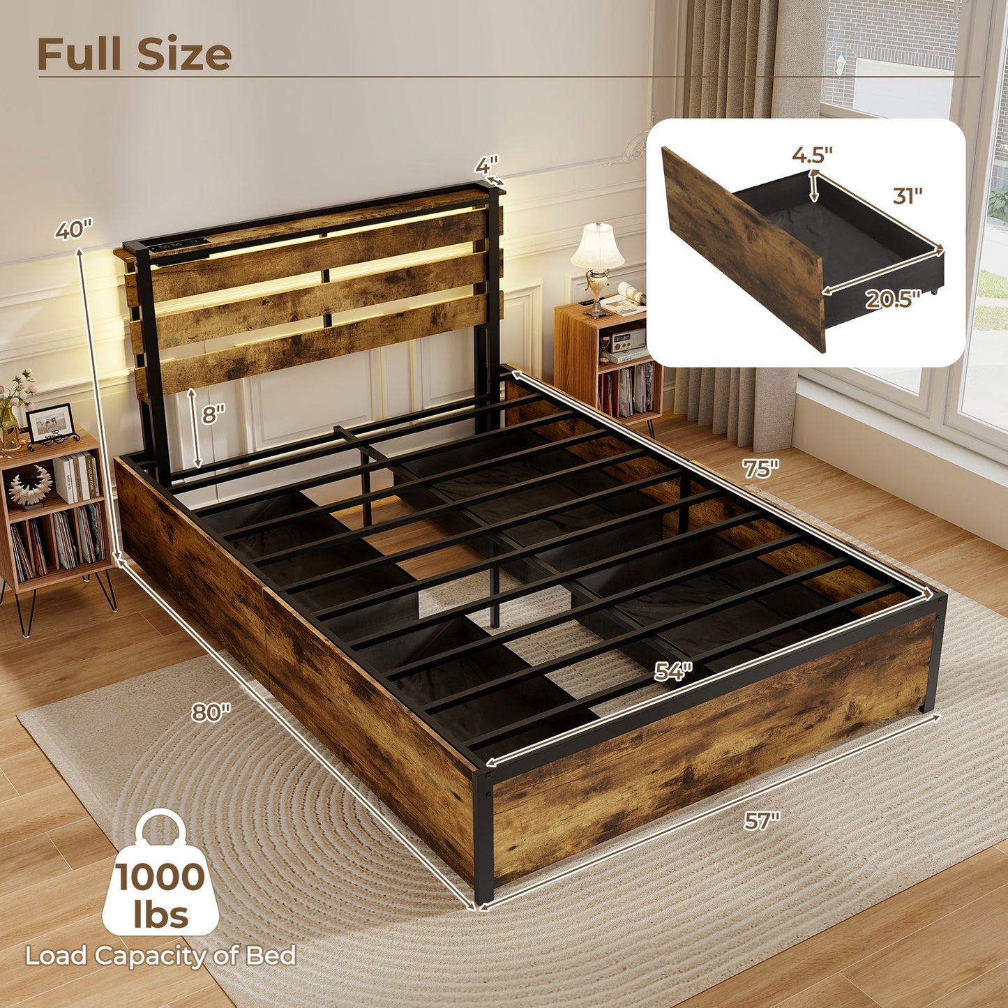 Rustic Brown Bed Frame with LED Lights, USB Ports, and Rolling Storage Drawers - Full Size