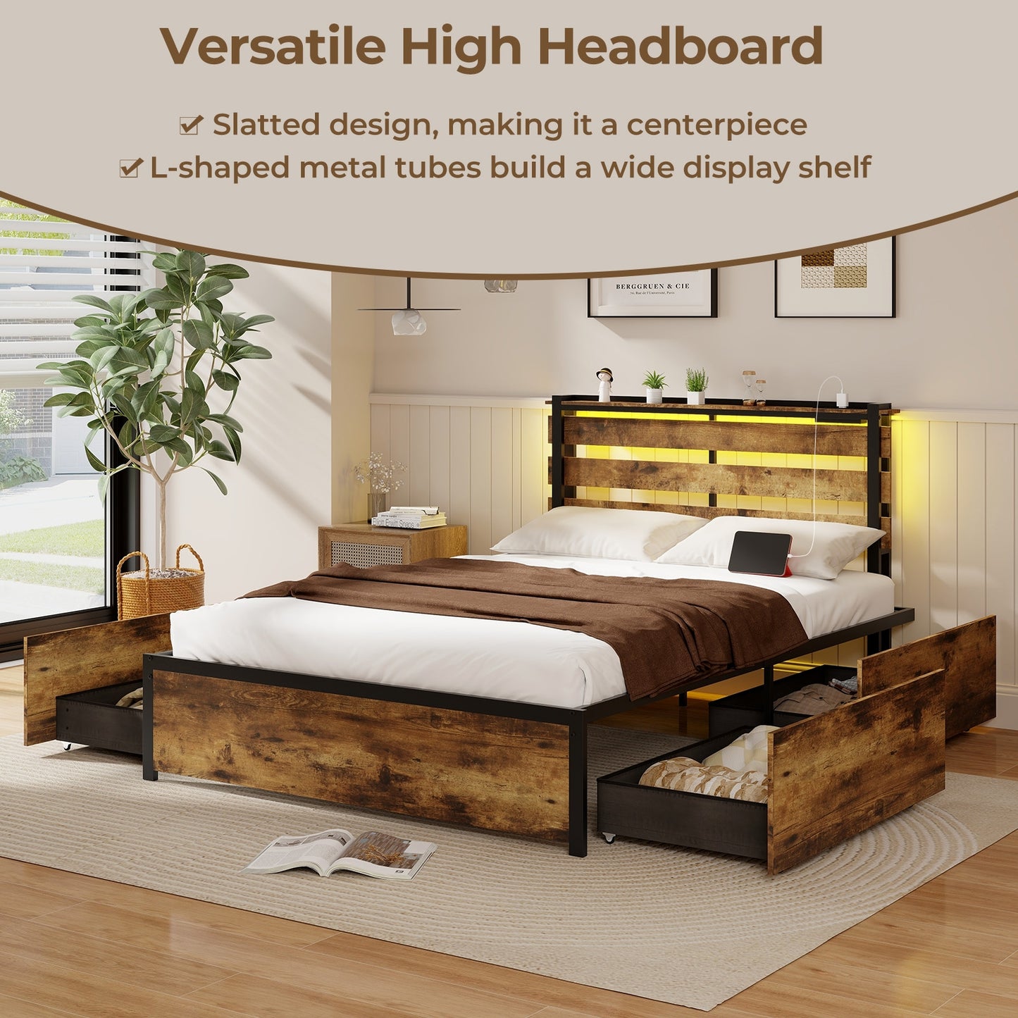 Rustic Brown Bed Frame with LED Lights, USB Ports, and Rolling Storage Drawers - Full Size