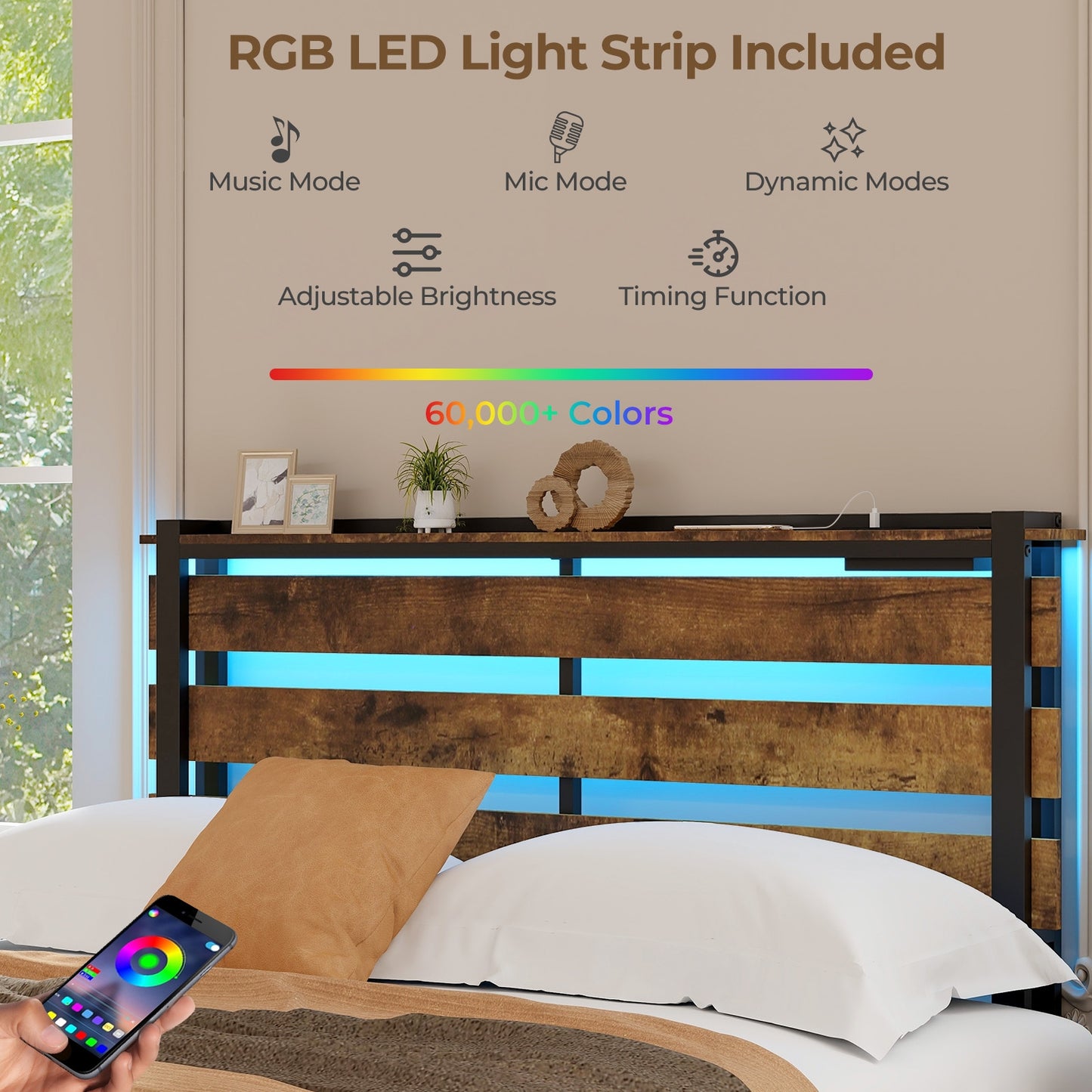 Rustic Brown Bed Frame with LED Lights, USB Ports, and Rolling Storage Drawers - Full Size
