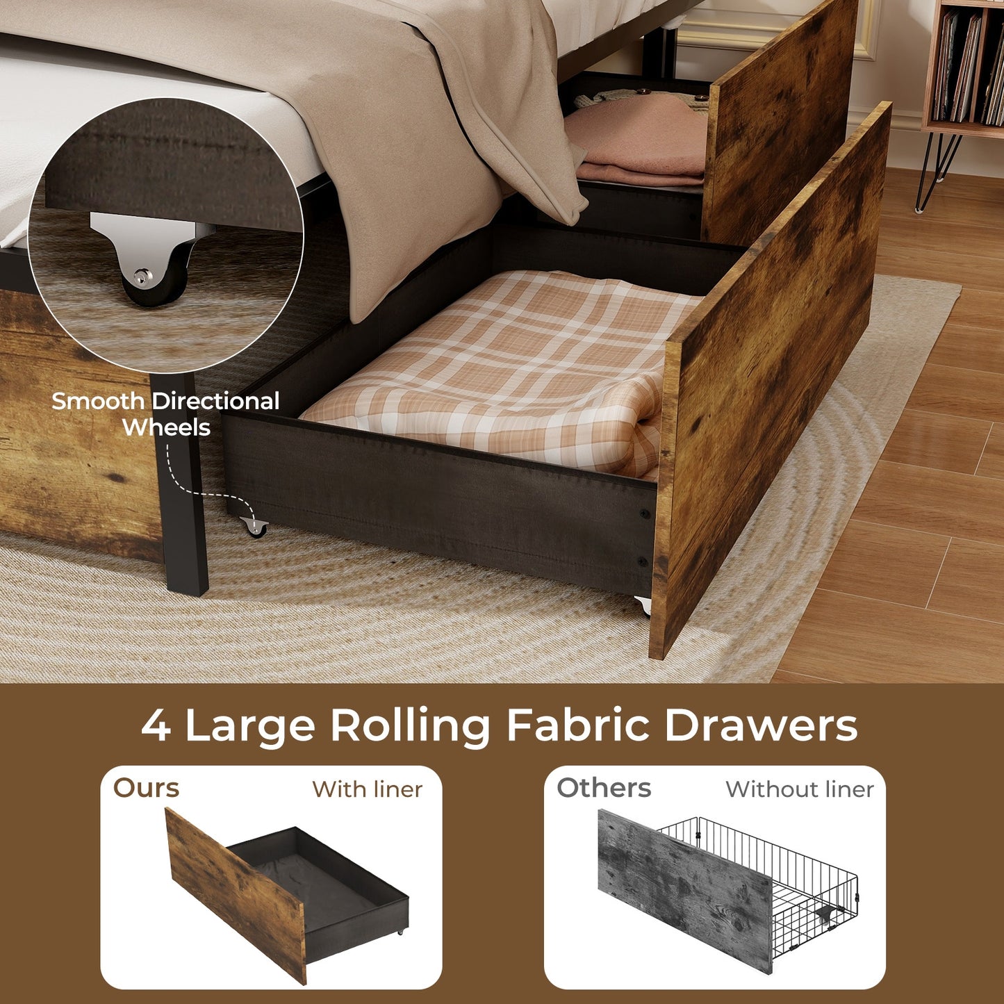 Rustic Brown Bed Frame with LED Lights, USB Ports, and Rolling Storage Drawers - Full Size