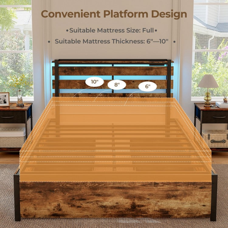 Rustic Brown Bed Frame with LED Lights, USB Ports, and Rolling Storage Drawers - Full Size