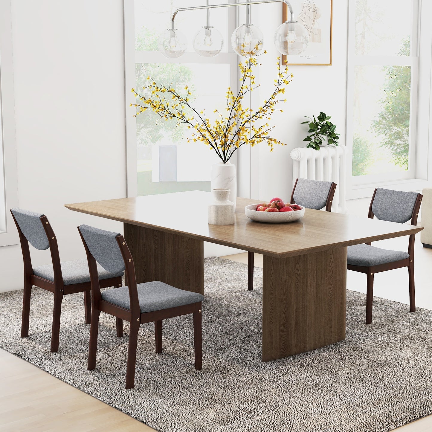Set of 2 Wooden Dining Chairs with Grey Linen Upholstered Seat and Ergonomic Backrest
