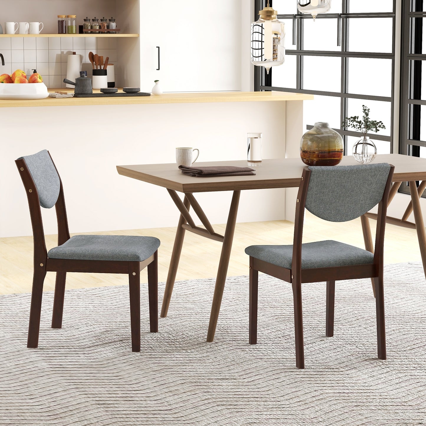 Set of 2 Wooden Dining Chairs with Grey Linen Upholstered Seat and Ergonomic Backrest