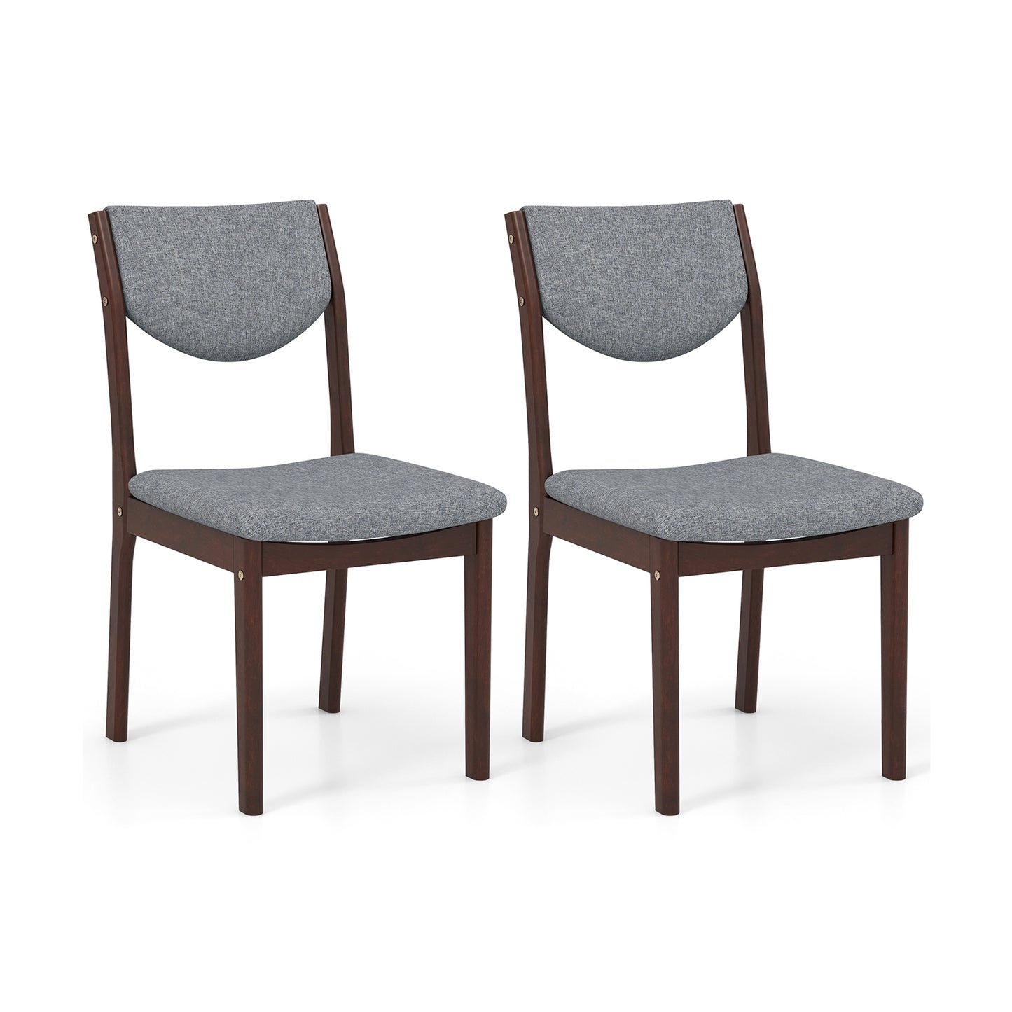 Set of 2 Wooden Dining Chairs with Grey Linen Upholstered Seat and Ergonomic Backrest