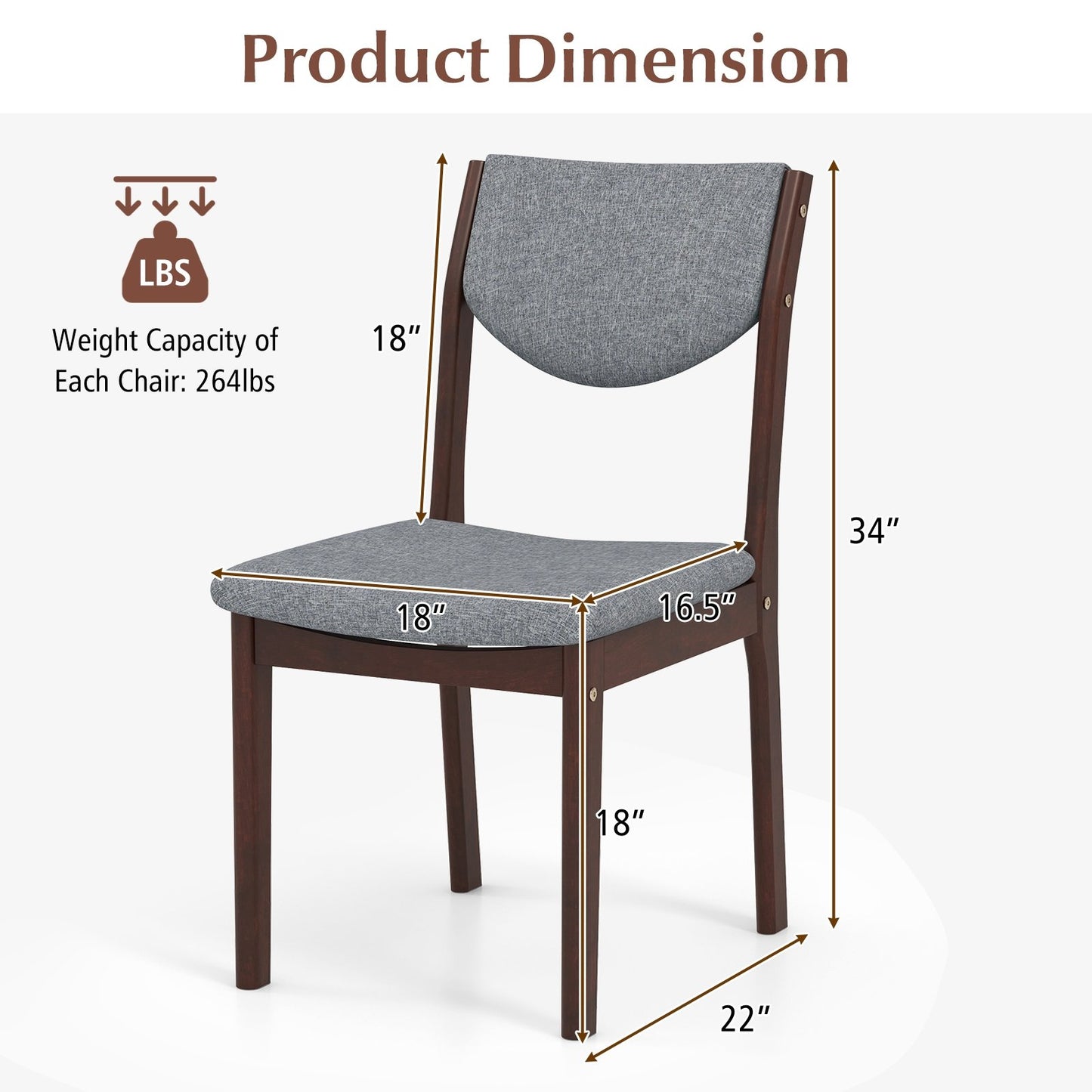 Set of 2 Wooden Dining Chairs with Grey Linen Upholstered Seat and Ergonomic Backrest