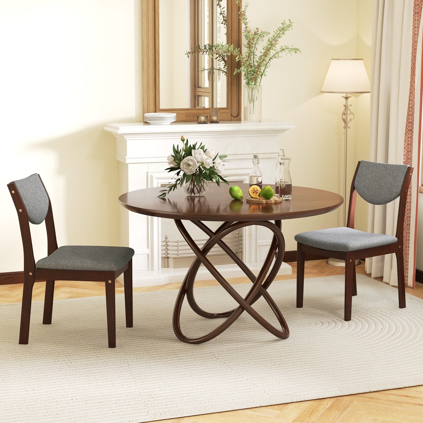 Set of 2 Wooden Dining Chairs with Grey Linen Upholstered Seat and Ergonomic Backrest