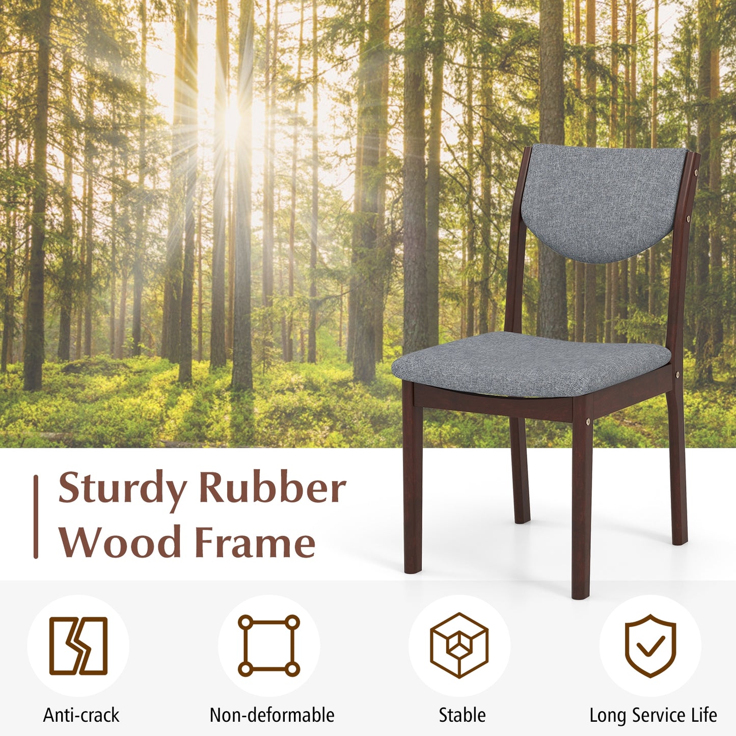 Set of 2 Wooden Dining Chairs with Grey Linen Upholstered Seat and Ergonomic Backrest