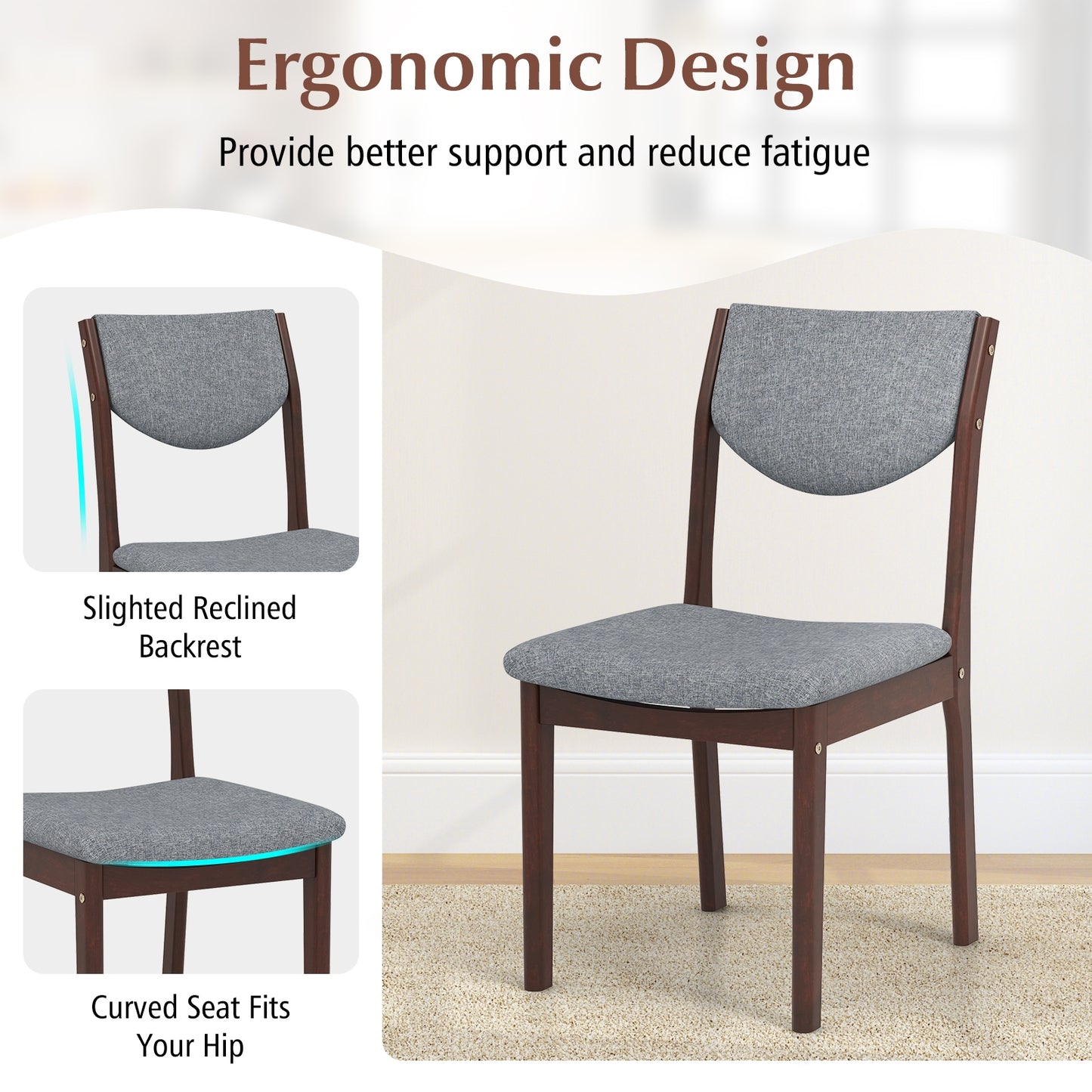 Set of 2 Wooden Dining Chairs with Grey Linen Upholstered Seat and Ergonomic Backrest