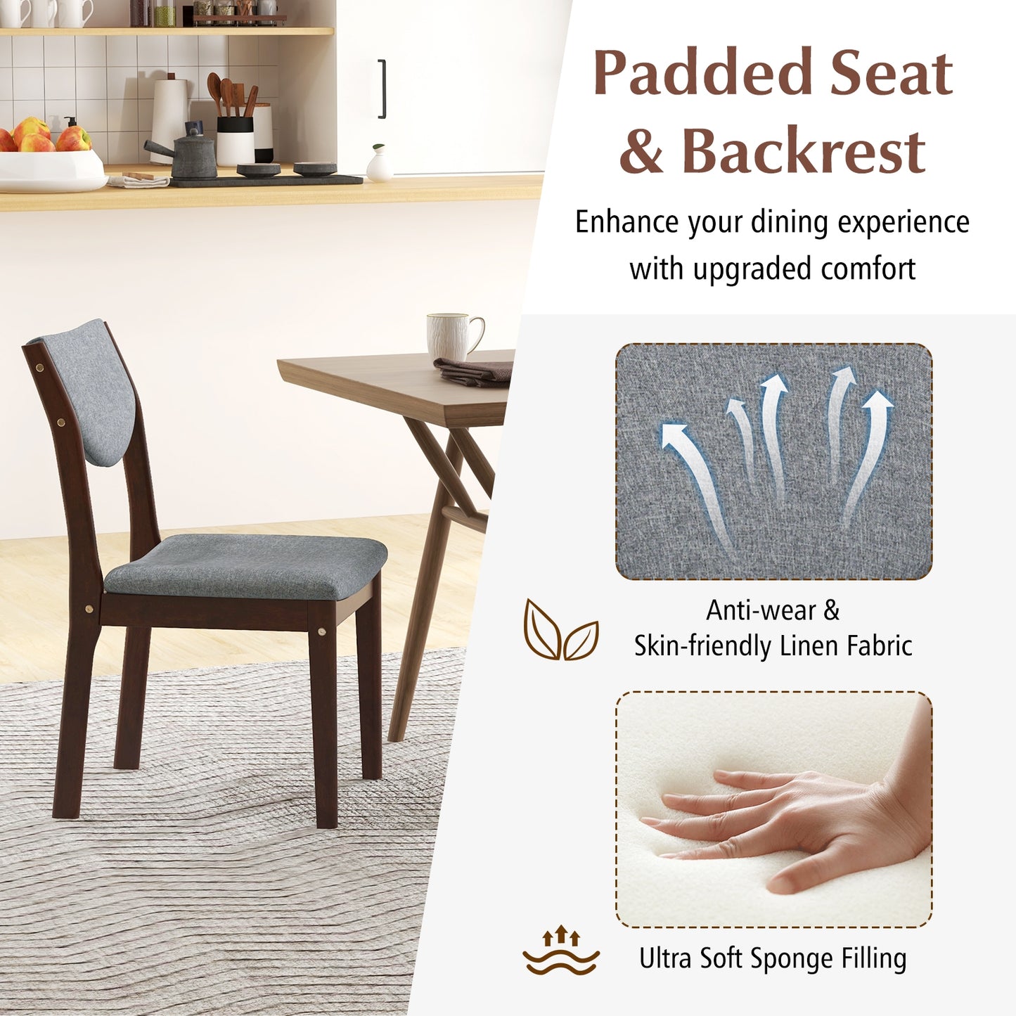 Set of 2 Wooden Dining Chairs with Grey Linen Upholstered Seat and Ergonomic Backrest