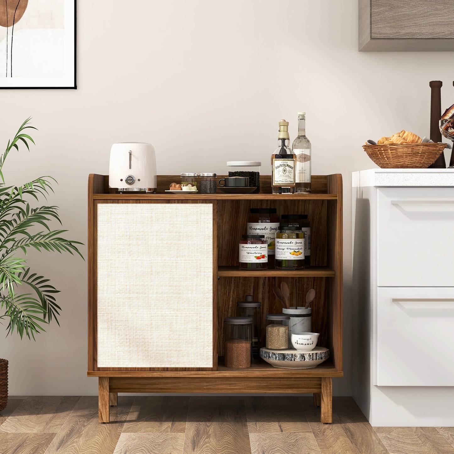 Mid Century Rattan Sideboard Cabinet with Sliding Door and Adjustable Storage Shelves