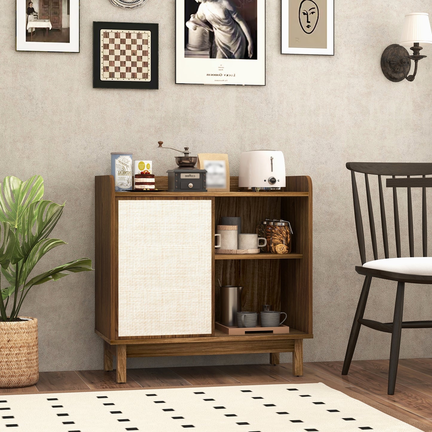 Mid Century Rattan Sideboard Cabinet with Sliding Door and Adjustable Storage Shelves