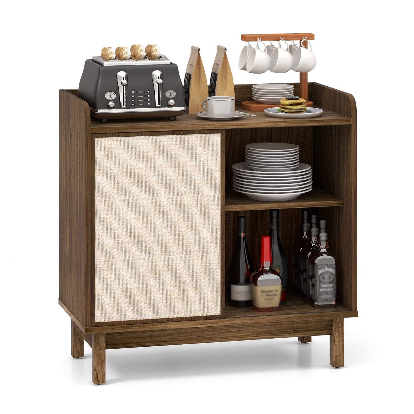 Mid Century Rattan Sideboard Cabinet with Sliding Door and Adjustable Storage Shelves
