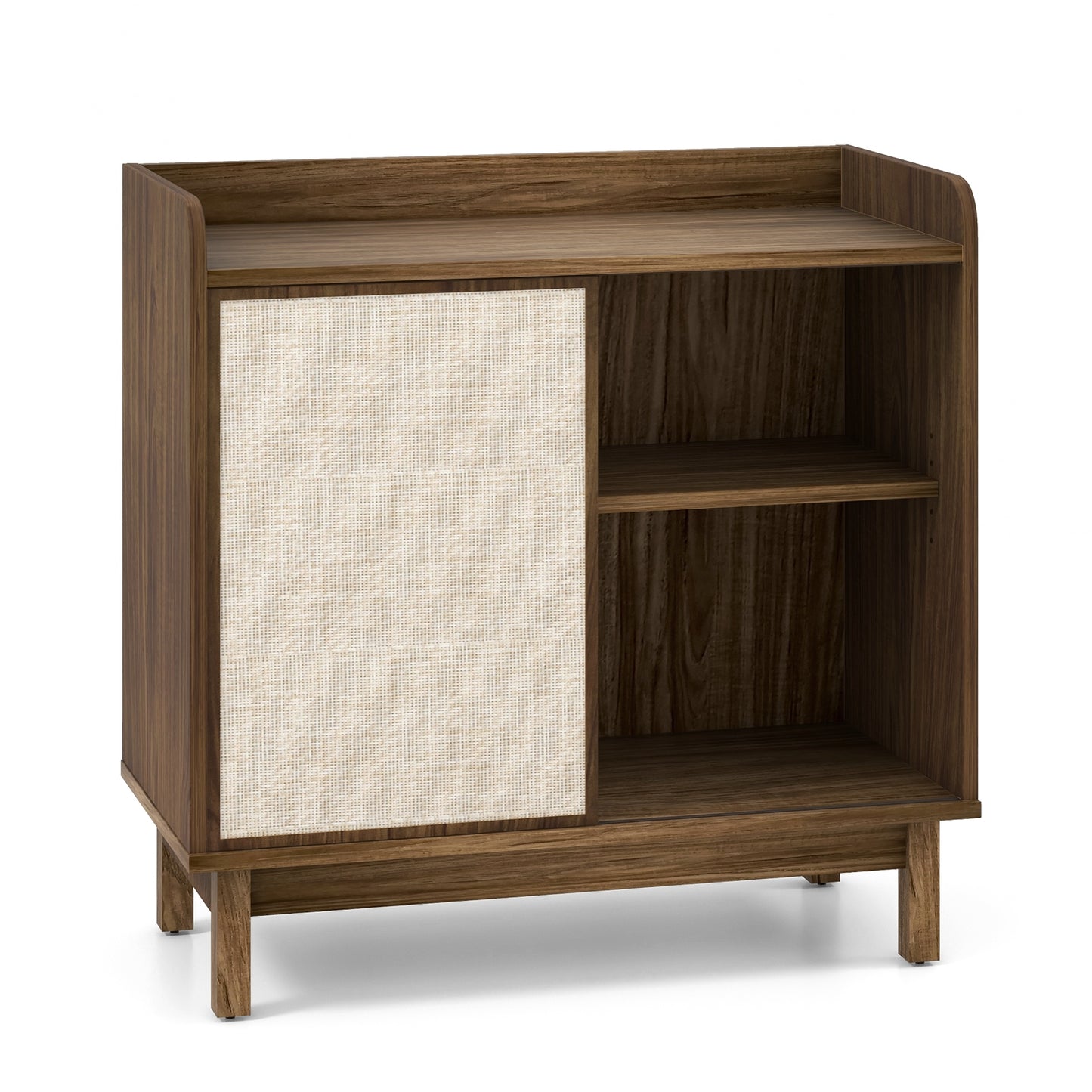 Mid Century Rattan Sideboard Cabinet with Sliding Door and Adjustable Storage Shelves