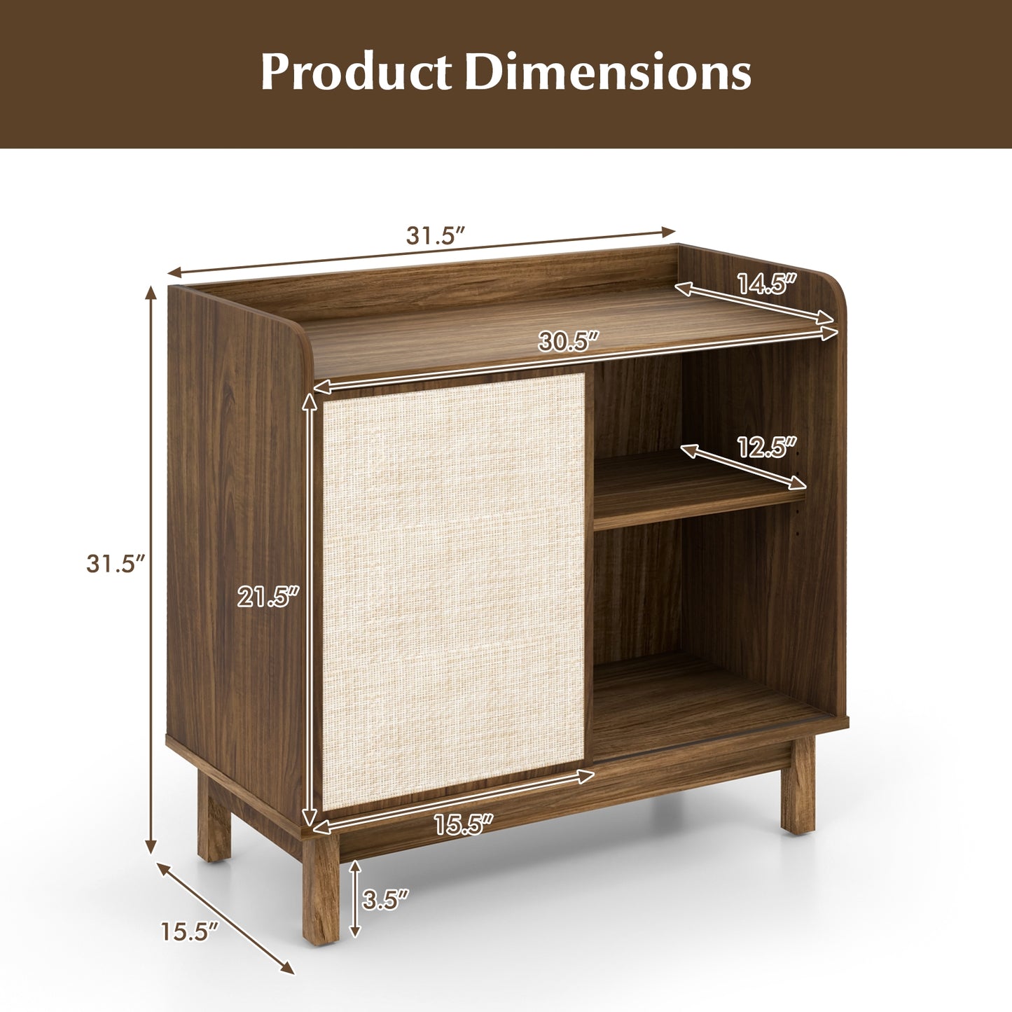 Mid Century Rattan Sideboard Cabinet with Sliding Door and Adjustable Storage Shelves