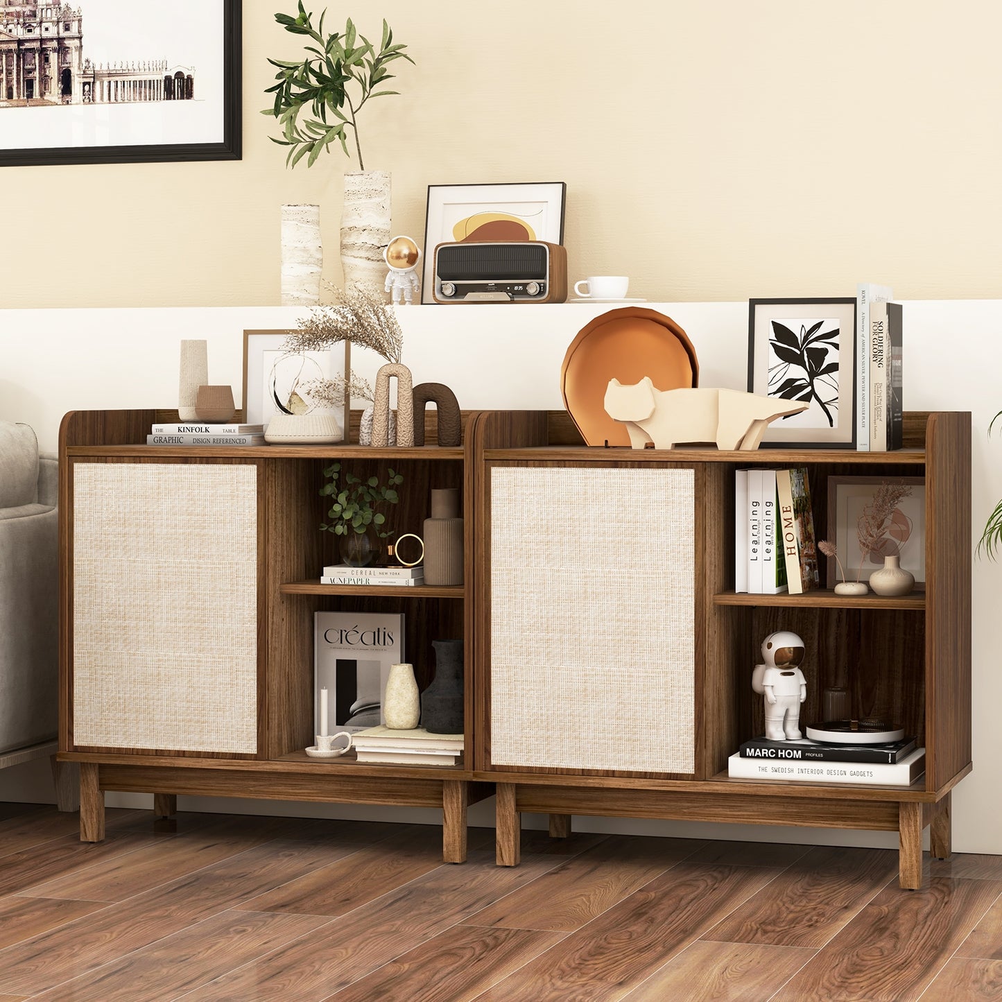 Mid Century Rattan Sideboard Cabinet with Sliding Door and Adjustable Storage Shelves