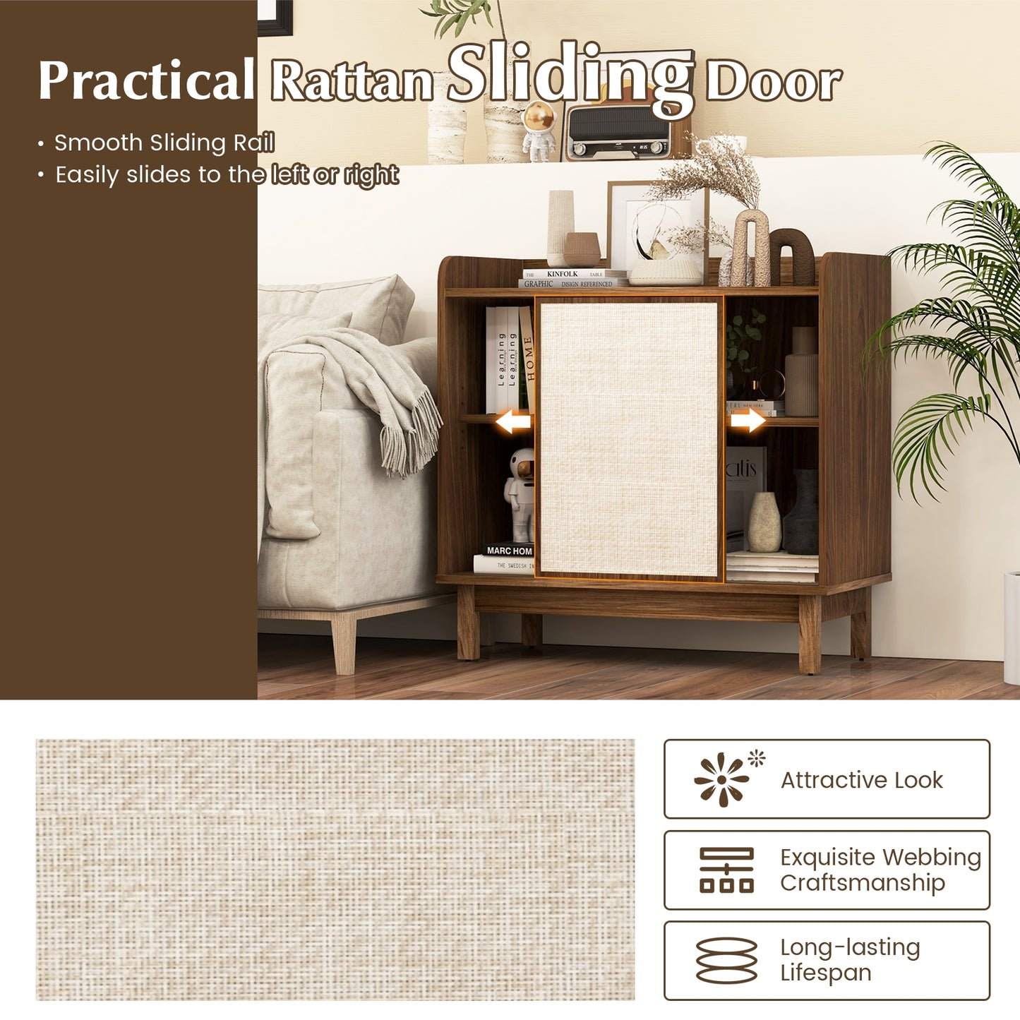 Mid Century Rattan Sideboard Cabinet with Sliding Door and Adjustable Storage Shelves