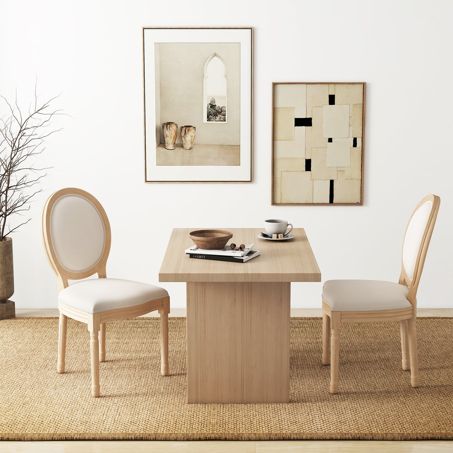 French Dining Chair Set of 2 with Rubber Wood Frame and Round Backrest
