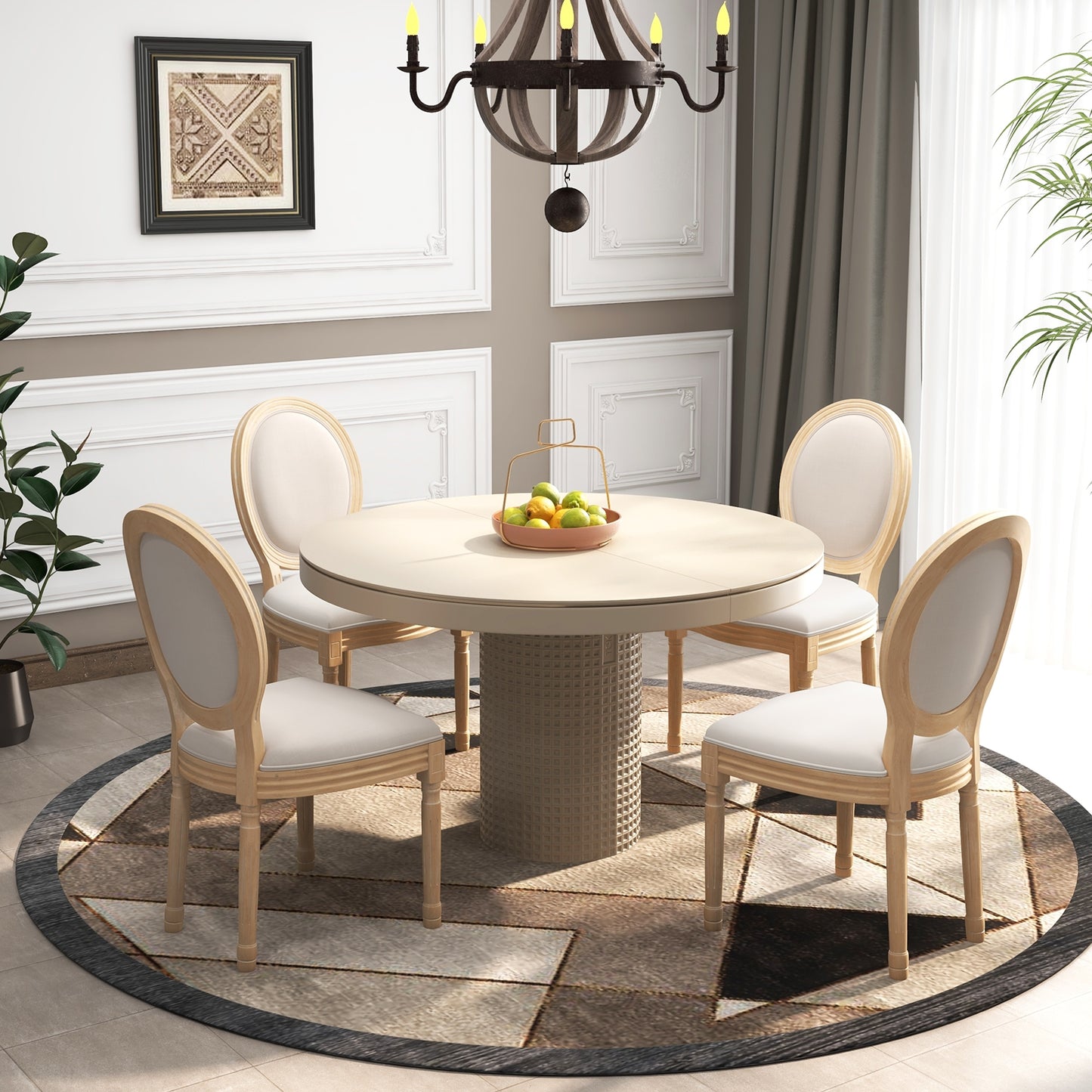 French Dining Chair Set of 2 with Rubber Wood Frame and Round Backrest