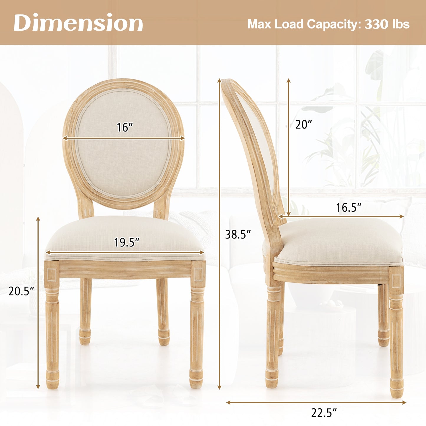 French Dining Chair Set of 2 with Rubber Wood Frame and Round Backrest