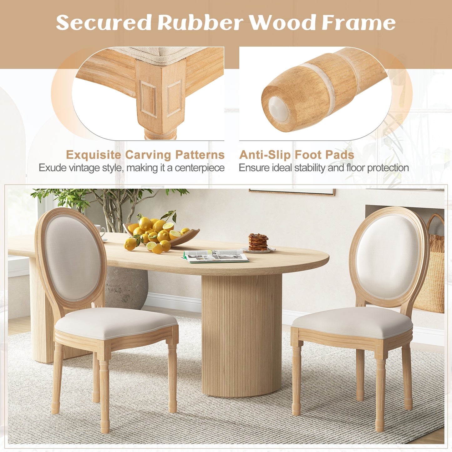 French Dining Chair Set of 2 with Rubber Wood Frame and Round Backrest
