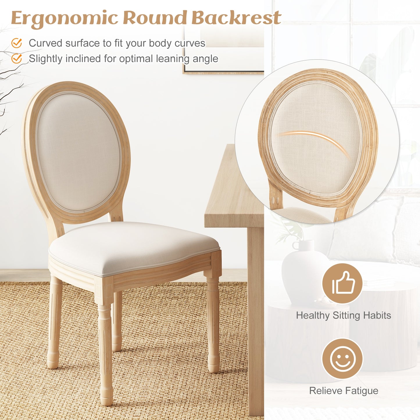 French Dining Chair Set of 2 with Rubber Wood Frame and Round Backrest