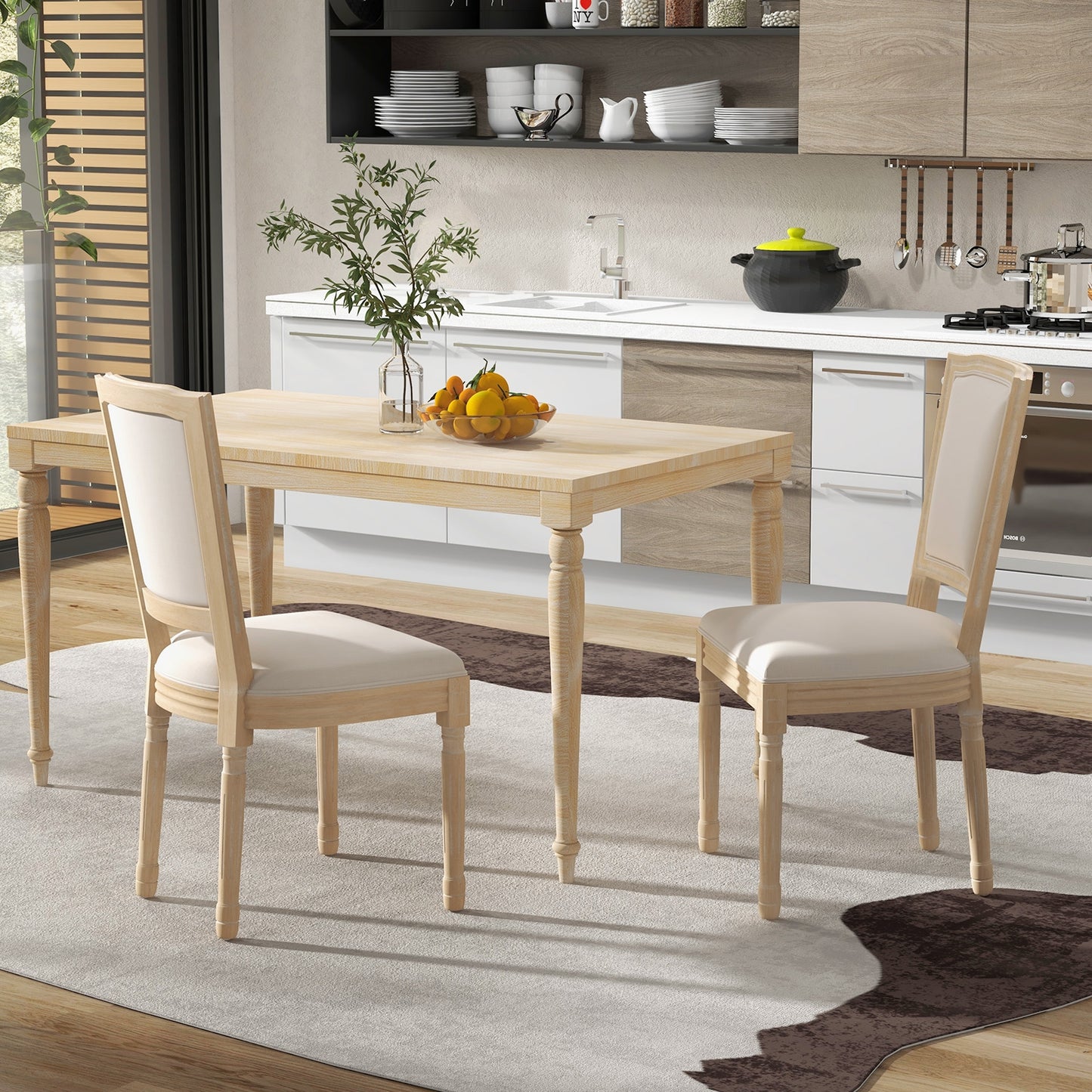 Elegant French Dining Chair Set of 2 with Rectangular Backrest and Durable Rubber Wood Frame