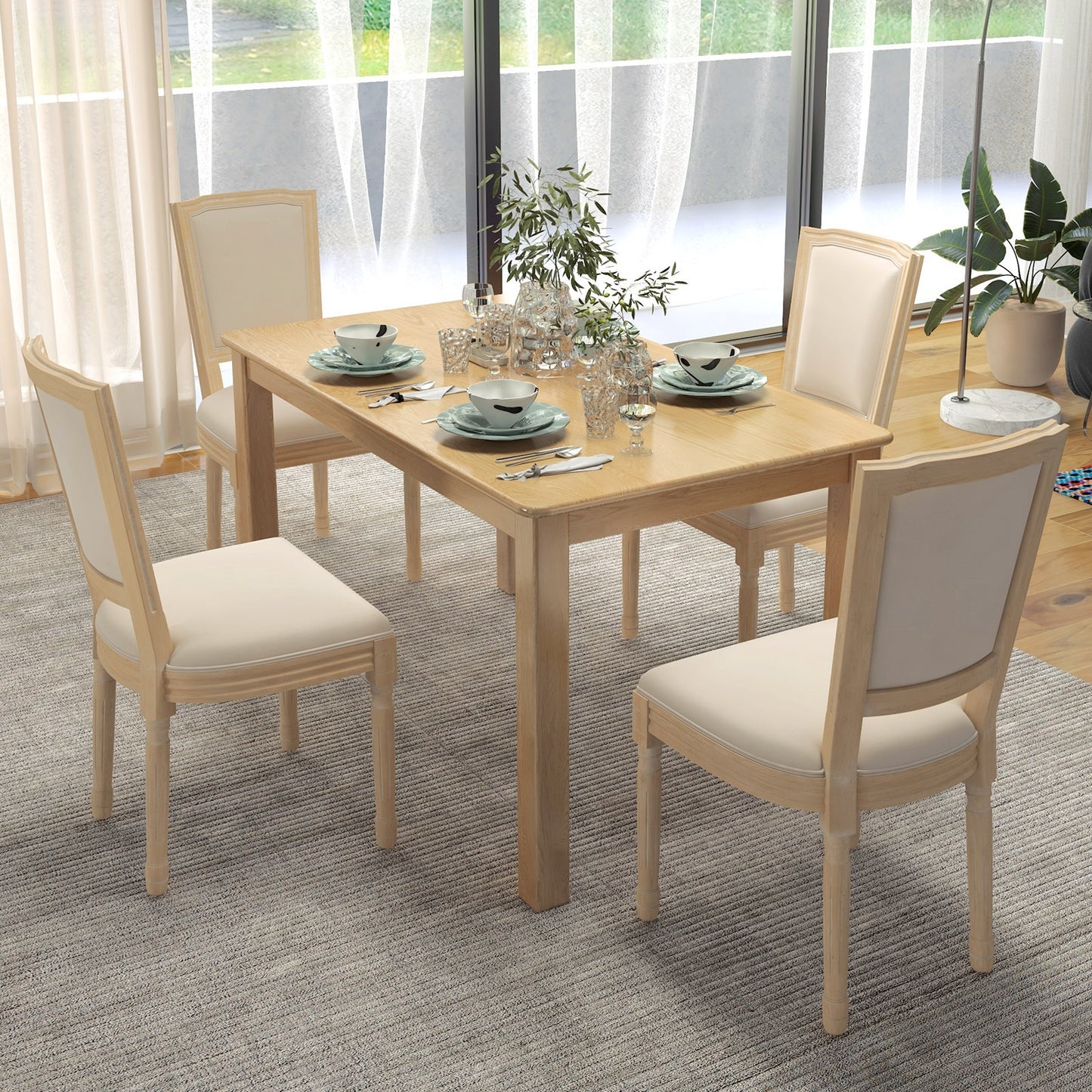 Elegant French Dining Chair Set of 2 with Rectangular Backrest and Durable Rubber Wood Frame