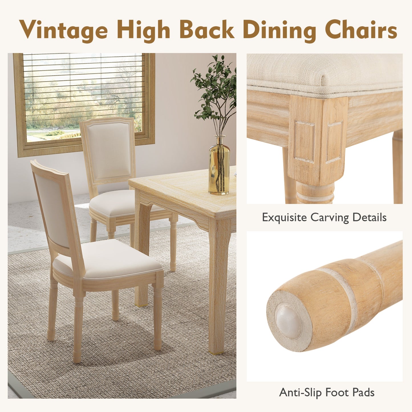 Elegant French Dining Chair Set of 2 with Rectangular Backrest and Durable Rubber Wood Frame