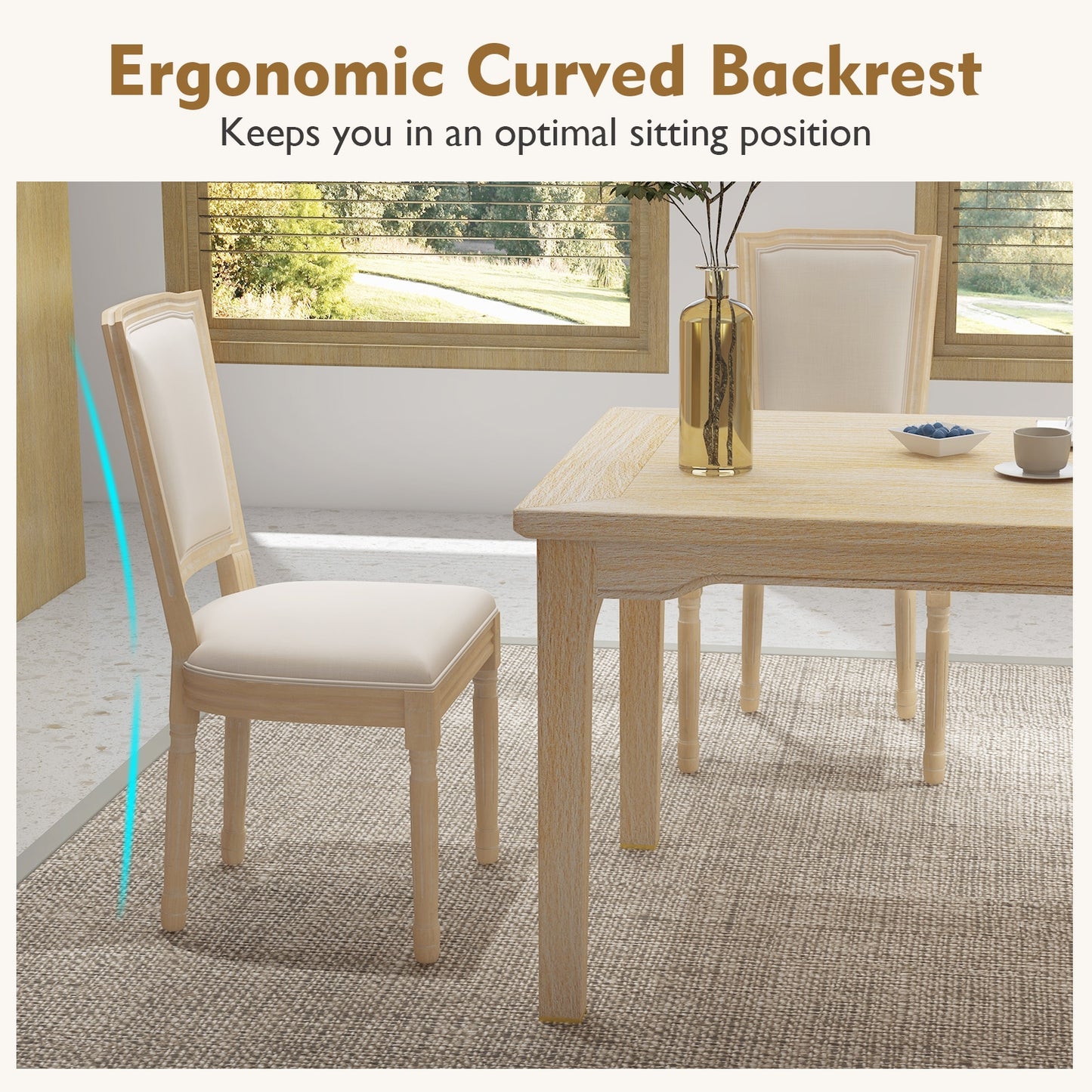 Elegant French Dining Chair Set of 2 with Rectangular Backrest and Durable Rubber Wood Frame