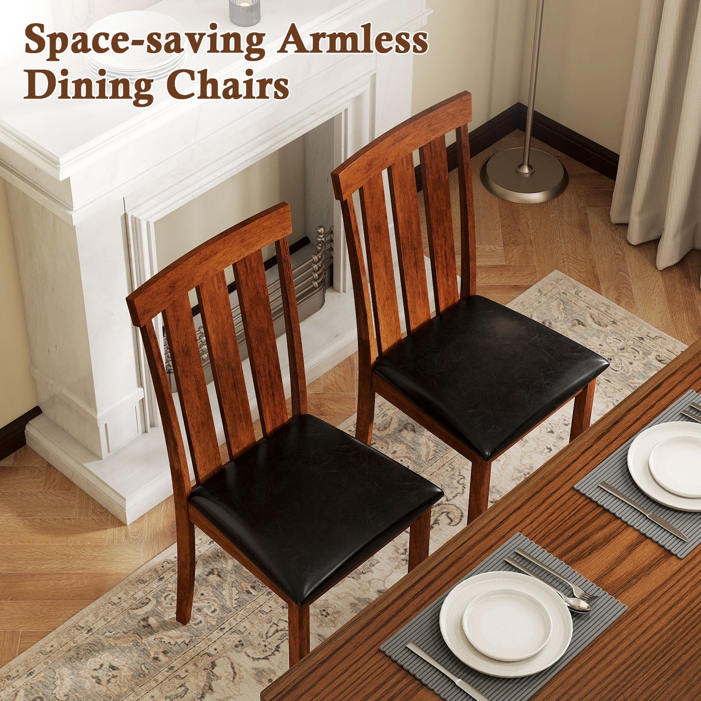 PU Leather Dining Chairs with Solid Rubber Wood Frame Set of 2
