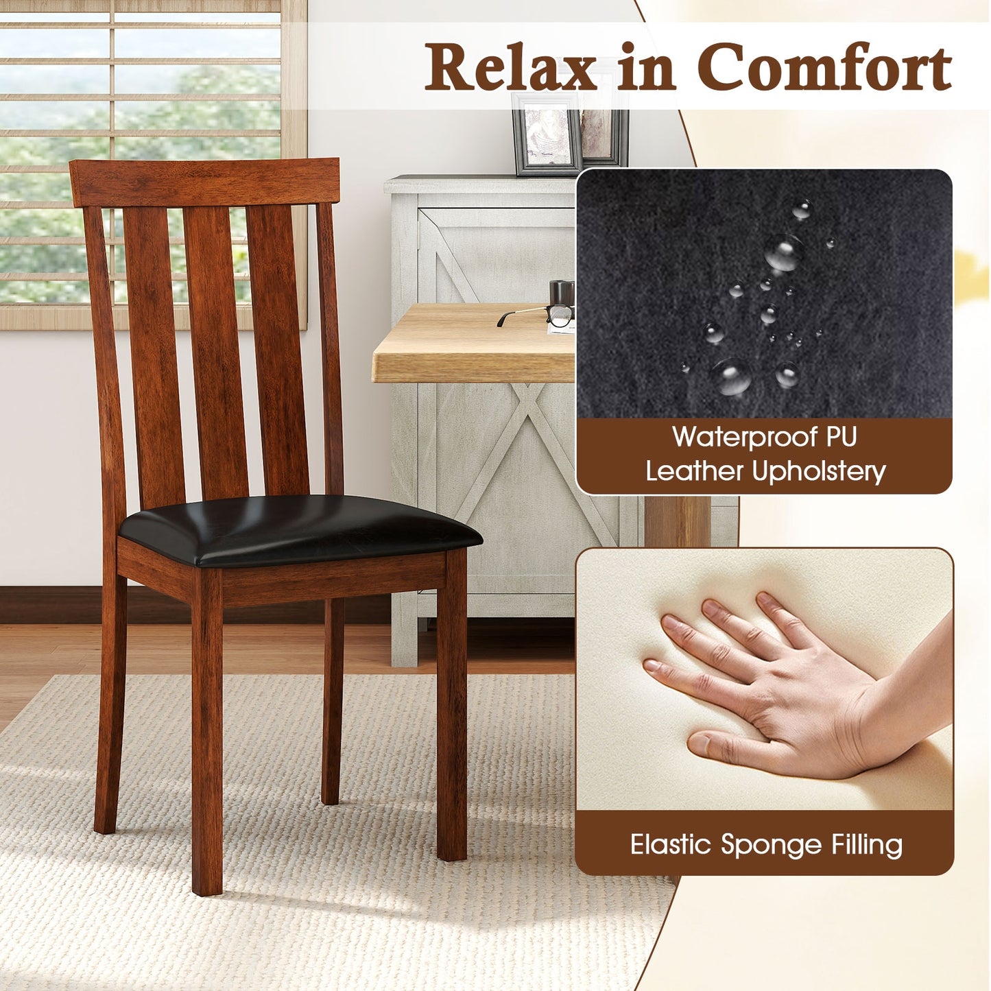 PU Leather Dining Chairs with Solid Rubber Wood Frame Set of 2