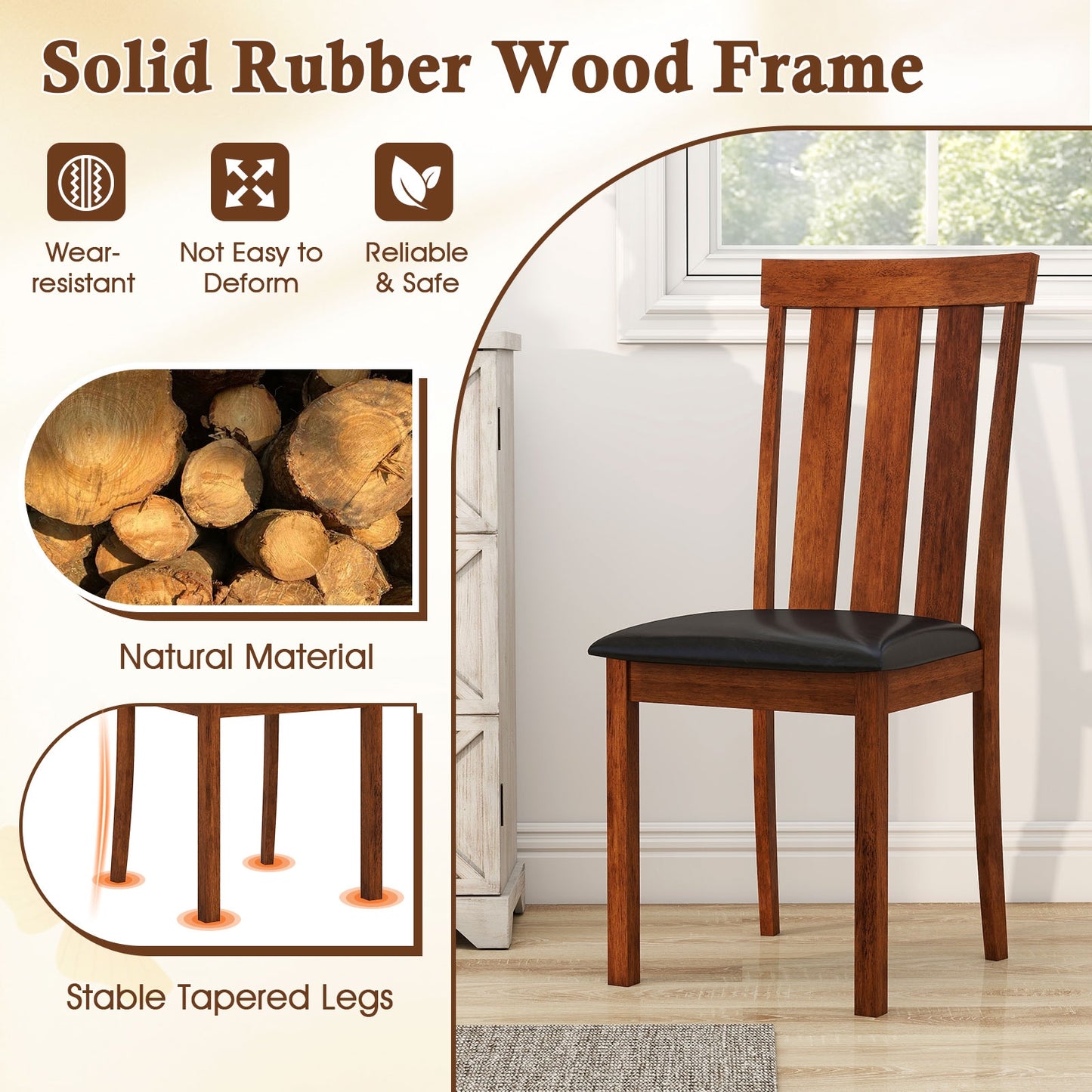 PU Leather Dining Chairs with Solid Rubber Wood Frame Set of 2