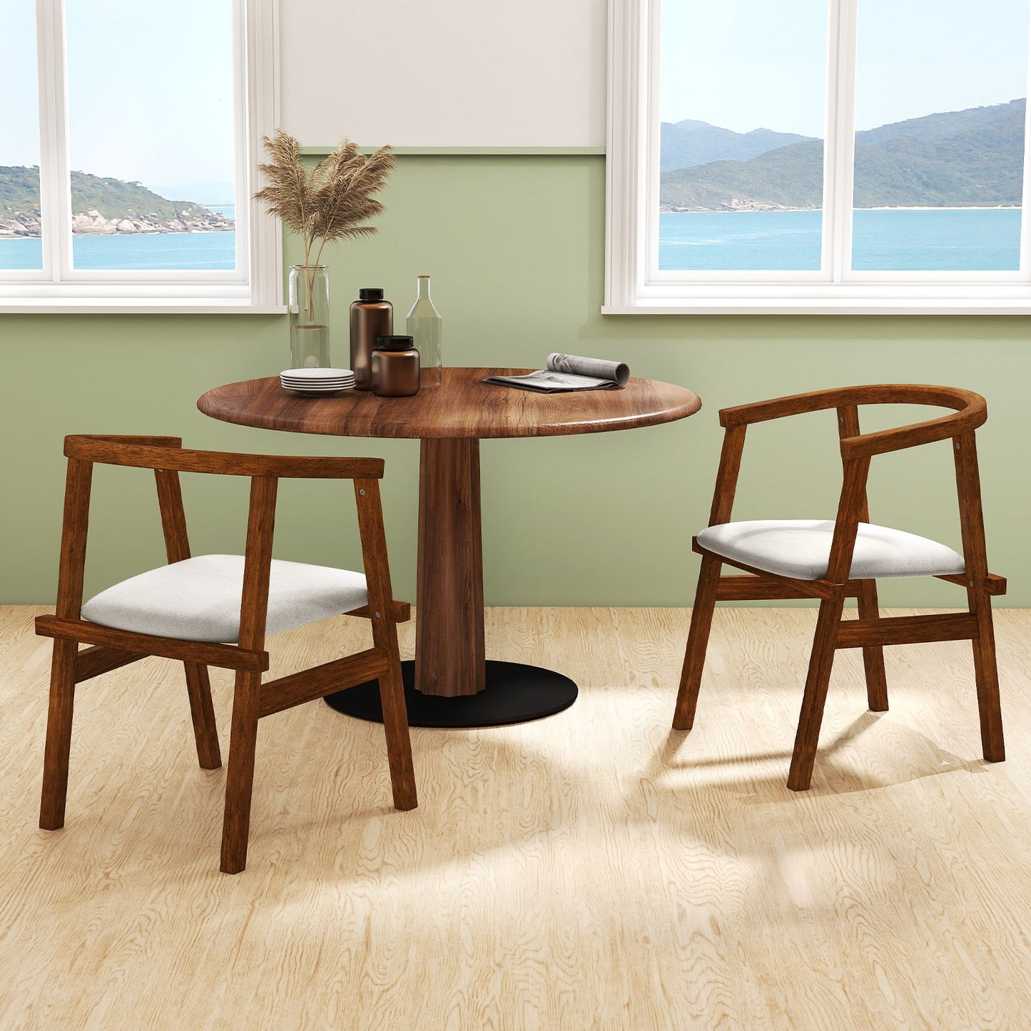 Solid Rubber Wood Dining Chairs with Wrap-Around Armrest Set of 2