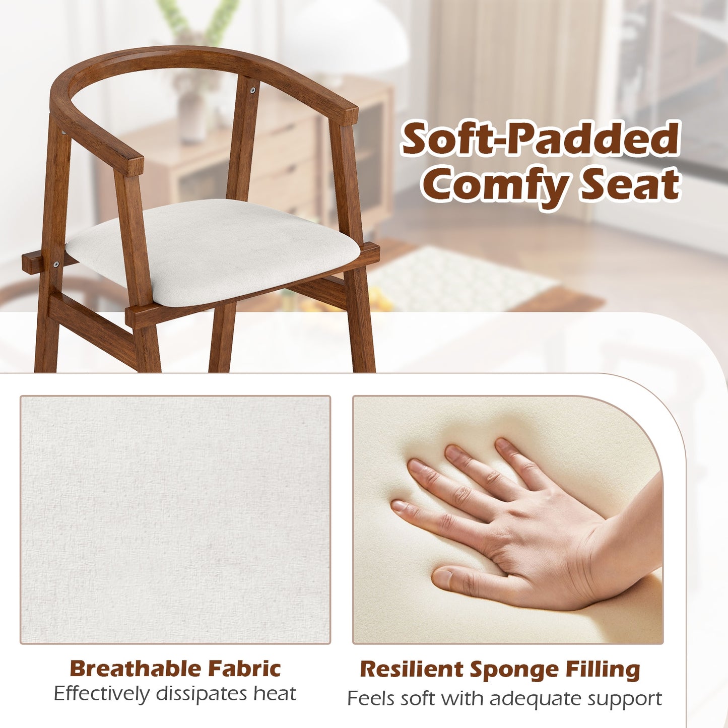 Solid Rubber Wood Dining Chairs with Wrap-Around Armrest Set of 2