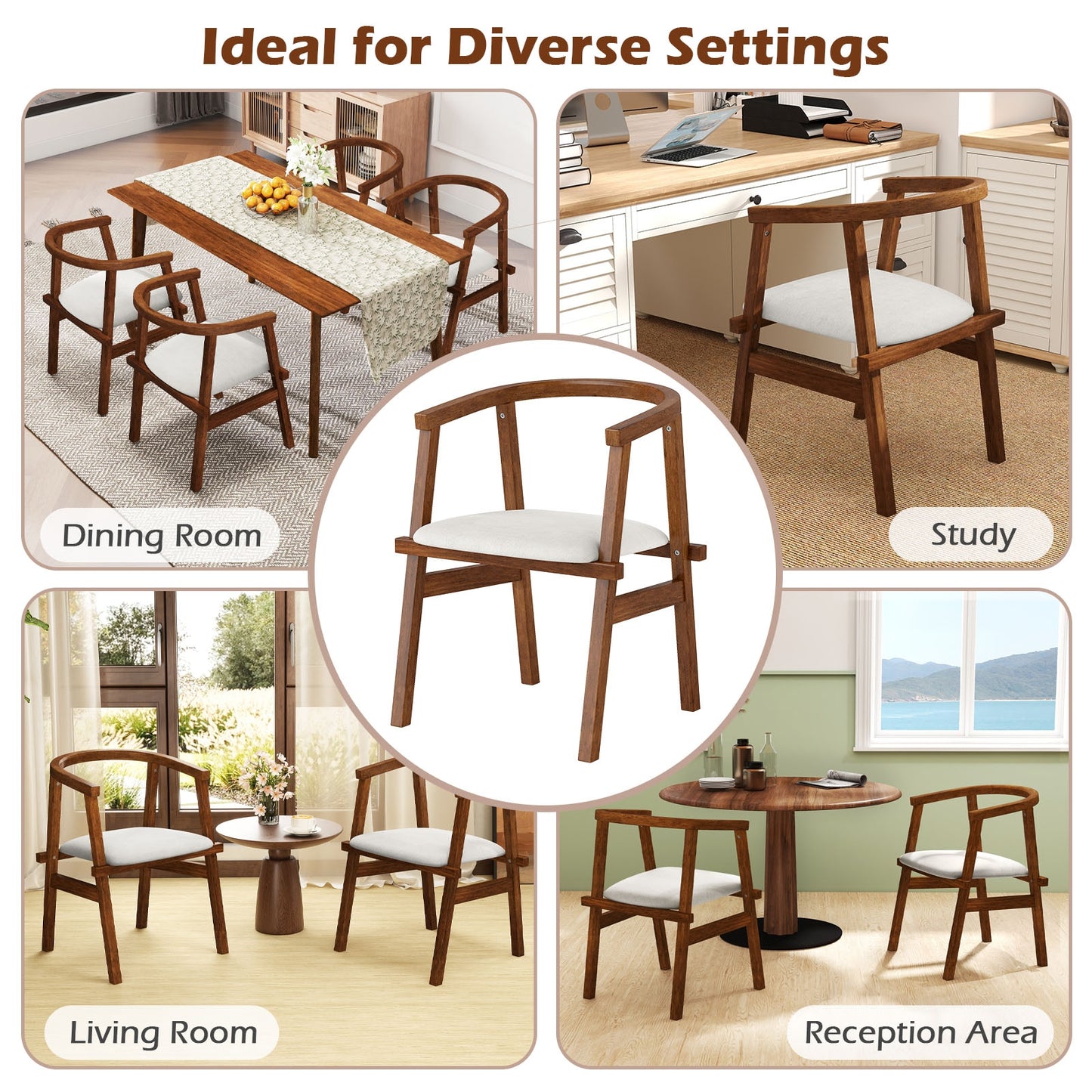 Solid Rubber Wood Dining Chairs with Wrap-Around Armrest Set of 2