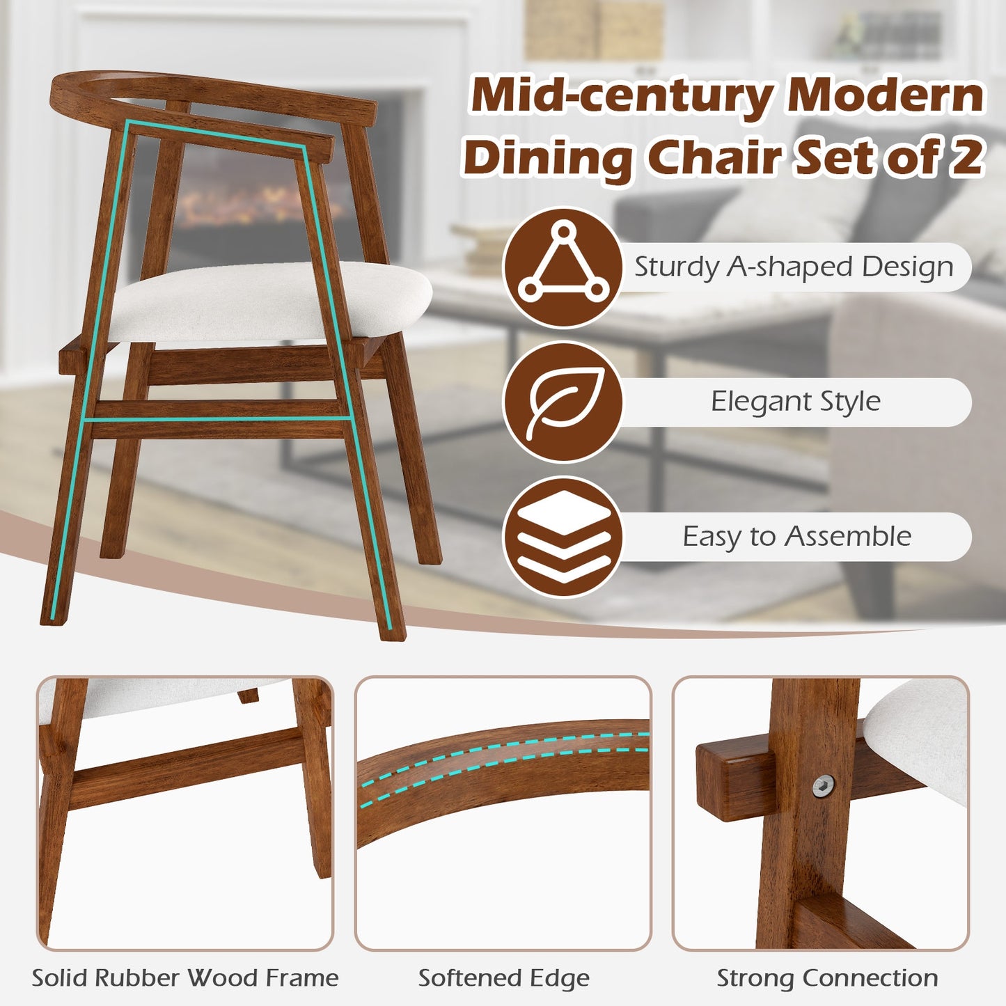 Solid Rubber Wood Dining Chairs with Wrap-Around Armrest Set of 2