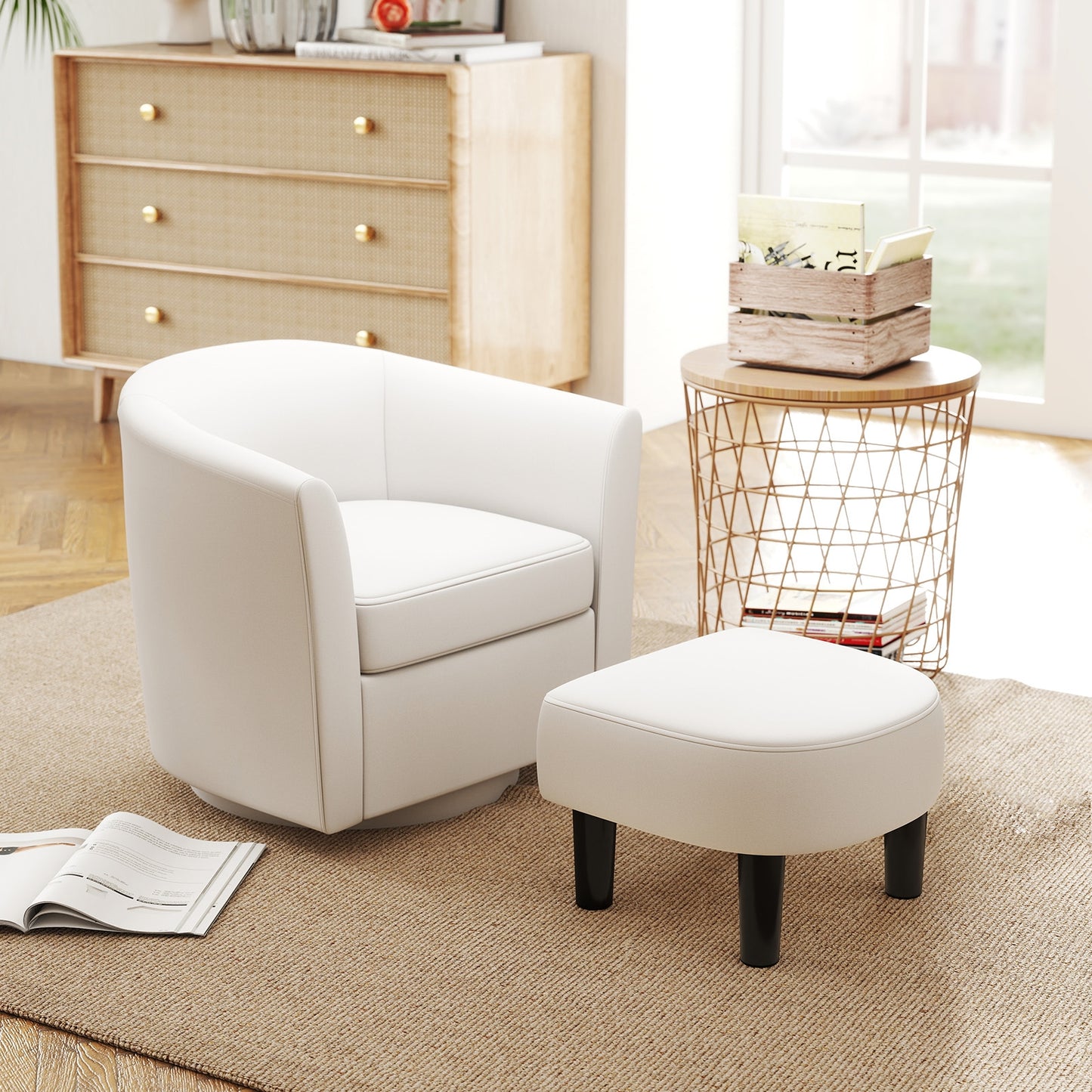 360 Degree Swivel Club Chair with Matching Ottoman and Ergonomic Backrest - Beige
