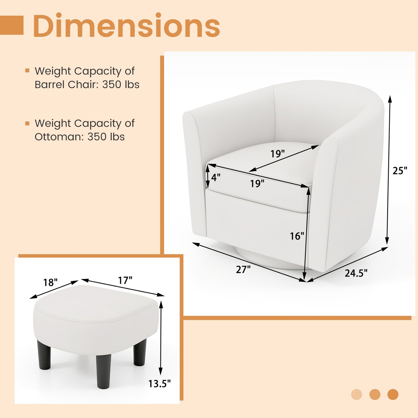360 Degree Swivel Club Chair with Matching Ottoman and Ergonomic Backrest - Beige
