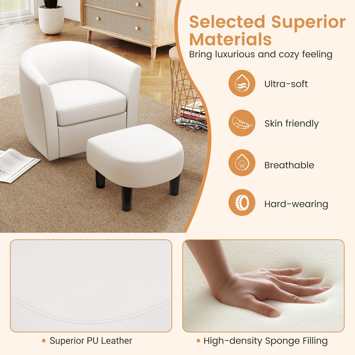 360 Degree Swivel Club Chair with Matching Ottoman and Ergonomic Backrest - Beige
