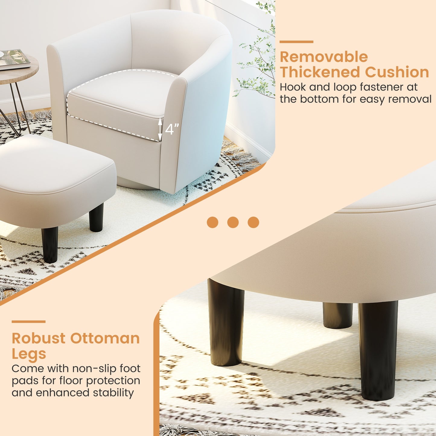 360 Degree Swivel Club Chair with Matching Ottoman and Ergonomic Backrest - Beige