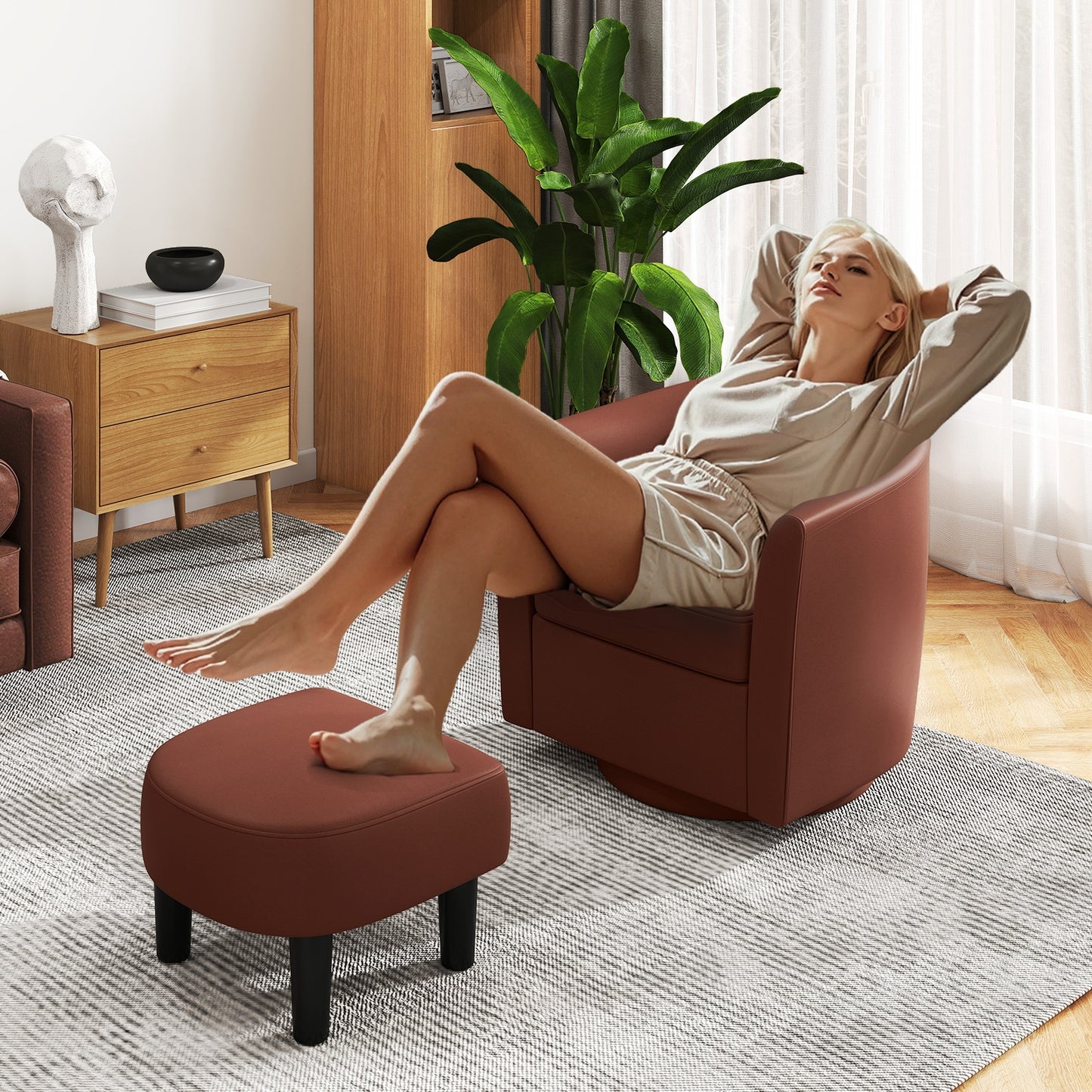 360 Degree Swivel Club Chair with Matching Ottoman and Ergonomic Backrest - Brown
