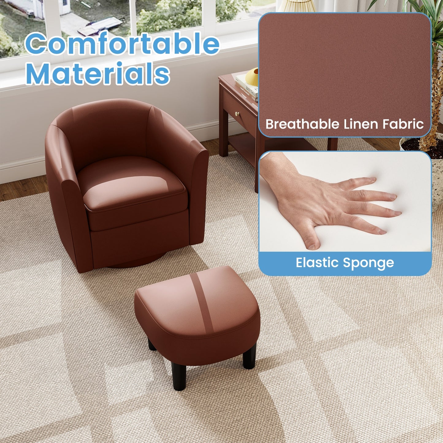 360 Degree Swivel Club Chair with Matching Ottoman and Ergonomic Backrest - Brown