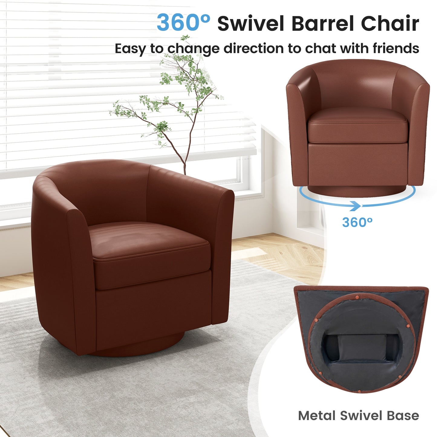 360 Degree Swivel Club Chair with Matching Ottoman and Ergonomic Backrest - Brown