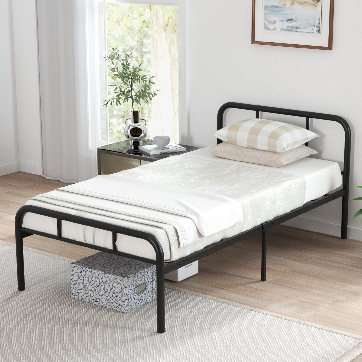 Modern Metal Platform Bed Frame with Headboard and Footboard - Twin Size, Black
