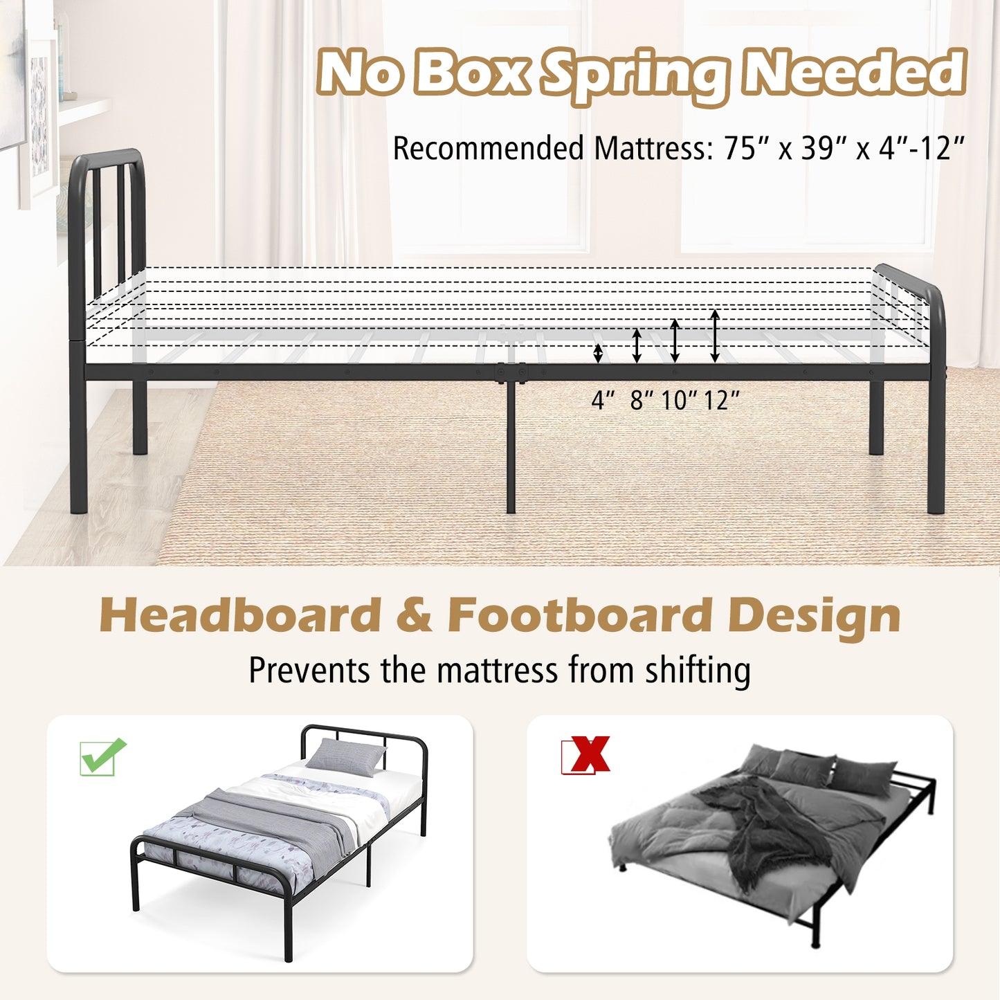 Modern Metal Platform Bed Frame with Headboard and Footboard - Twin Size, Black
