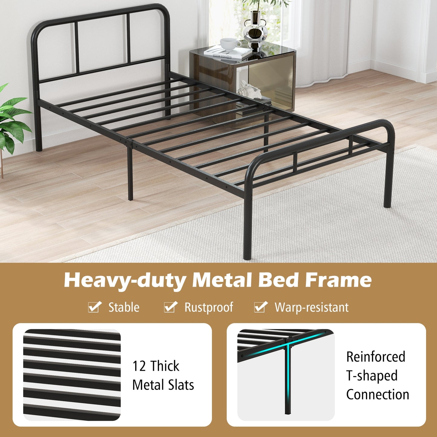 Modern Metal Platform Bed Frame with Headboard and Footboard - Twin Size, Black