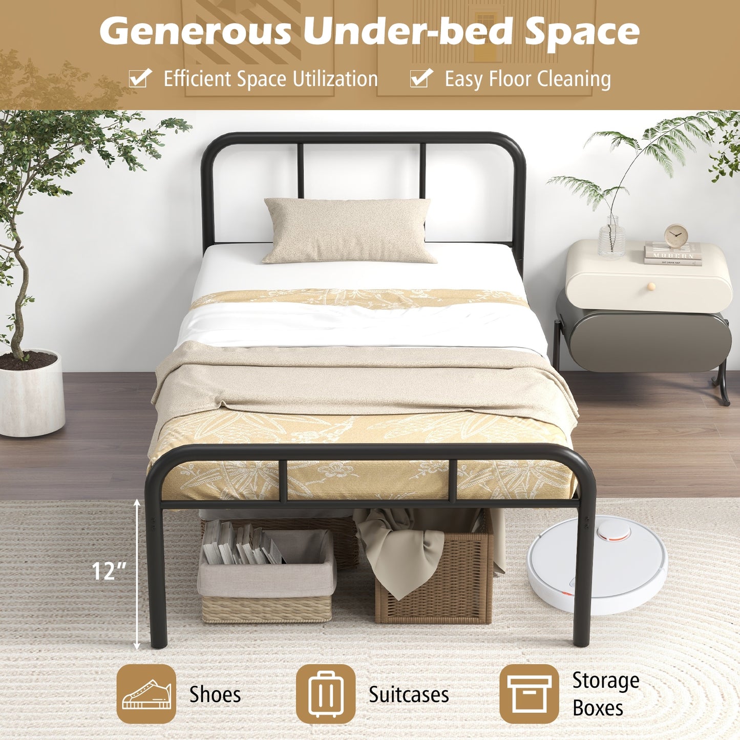 Modern Metal Platform Bed Frame with Headboard and Footboard - Twin Size, Black
