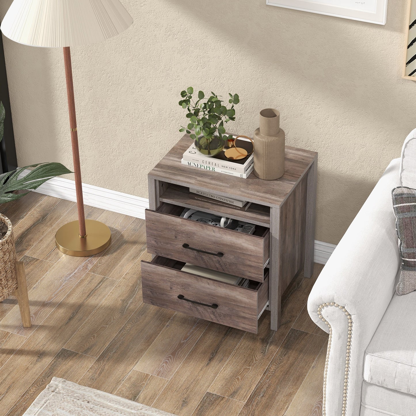 Farmhouse Nightstand with 2 Drawers and Open Storage Shelf Bedside Table