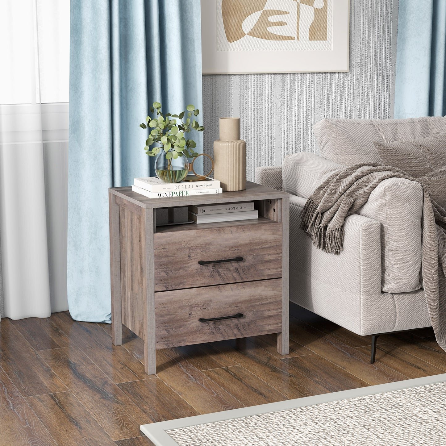 Farmhouse Nightstand with 2 Drawers and Open Storage Shelf Bedside Table