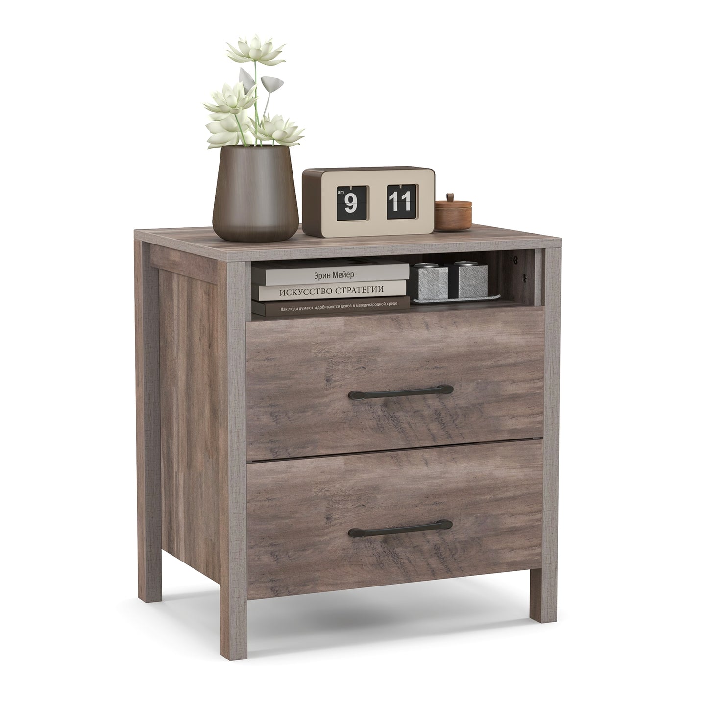 Farmhouse Nightstand with 2 Drawers and Open Storage Shelf Bedside Table